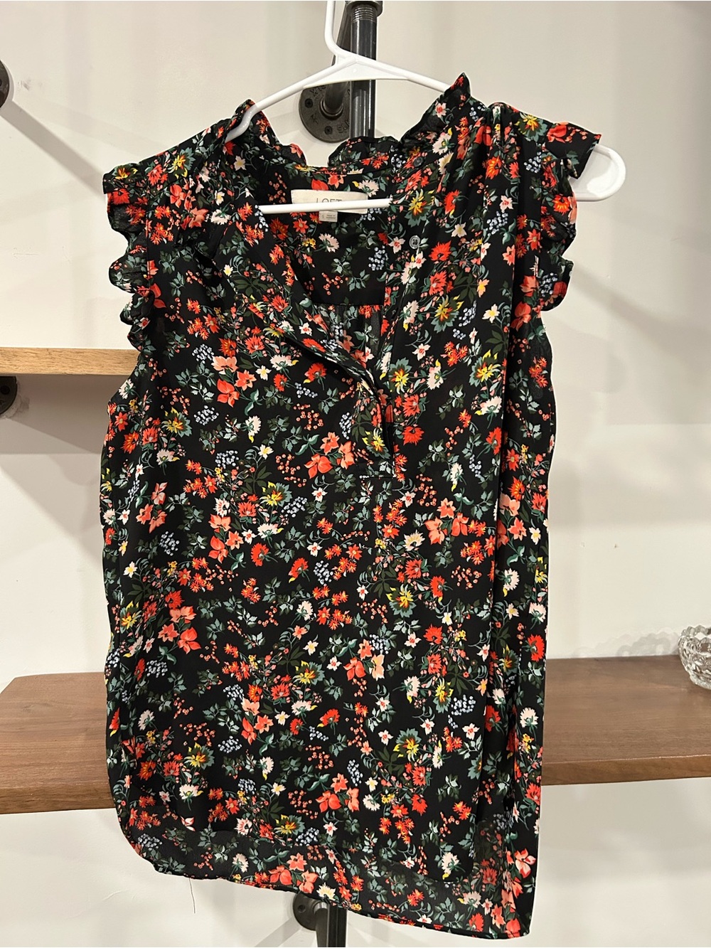 LOFT Black Floral Ruffle Sleeve Blouse
